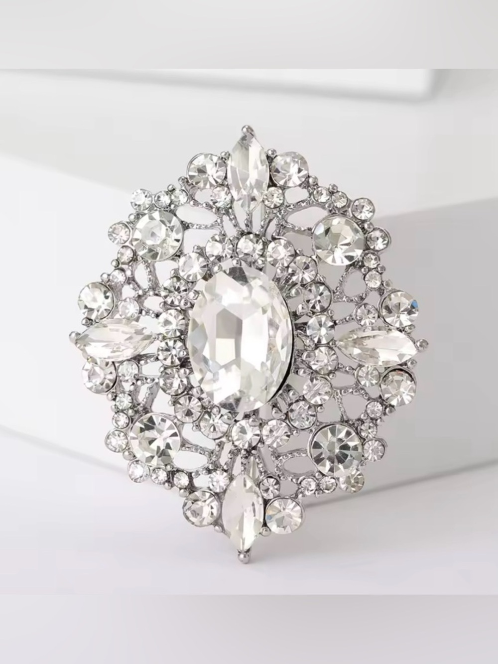 Crystal Statement Brooch - Silver Clear Rhinestone Pin